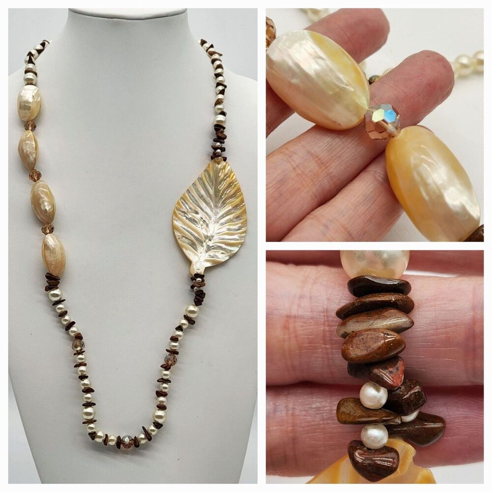 RARE Vintage Carved Mother of Pearl Necklace Pearl & Real Stone Beach Layer OOAK